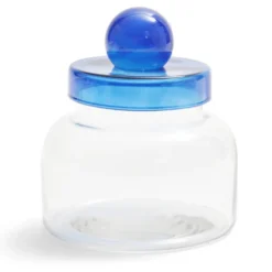 Boîte en verre transparent + couvercle bleu Ø12xH16cm