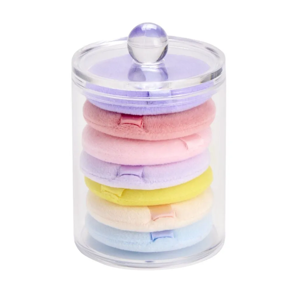 Boîte rangement cosmétique ronde avec 7 éponges démaquillantes multicolores Ø7xH9cm