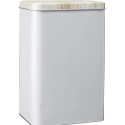 Boîte rectangulaire en métal gris avec couvercle effet bois