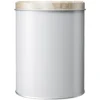 Boîte ronde en métal gris avec couvercle effet bois