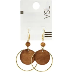Boucles d'oreilles anneau en métal doré avec disque en bois marron