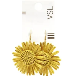 Boucles d'oreilles boutons raphia fleurs pendantes tournesol jaune