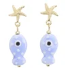 Boucles d'oreilles céramique étoile de mer et poisson zinc doré L2cm