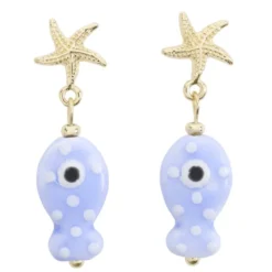 Boucles d'oreilles céramique étoile de mer et poisson zinc doré L2cm
