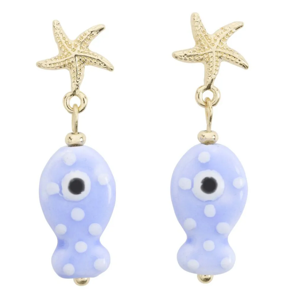 Boucles d'oreilles céramique étoile de mer et poisson zinc doré L2cm