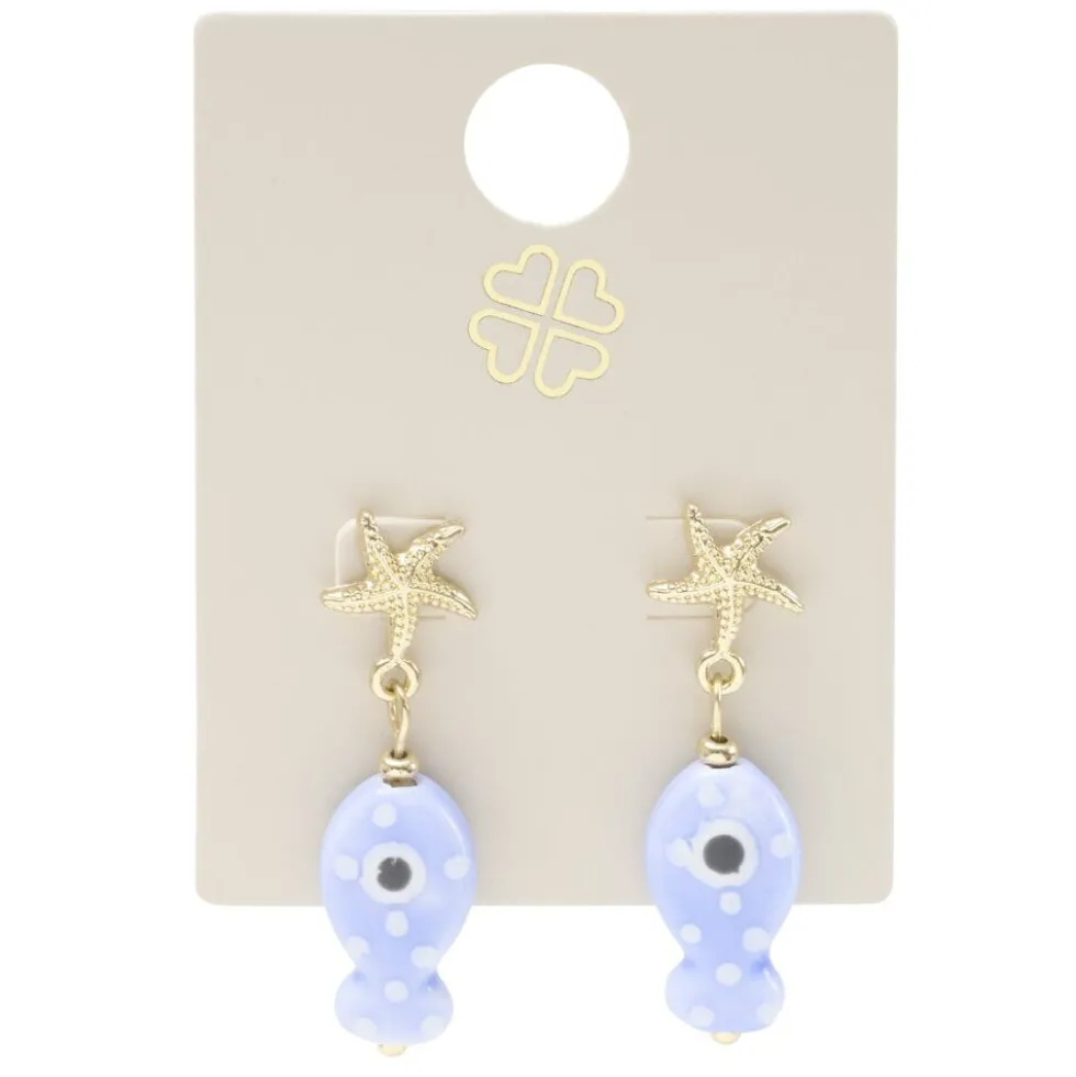Boucles d'oreilles céramique étoile de mer et poisson zinc doré L2cm