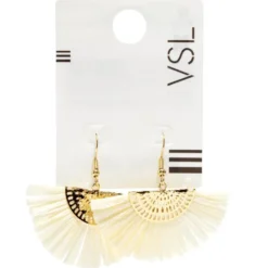 Boucles d'oreilles crochets éventail pendant laiton doré et raphia beige