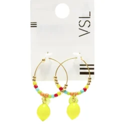 Boucles d'oreilles créoles fines dorées perles multicolores et citron pendant