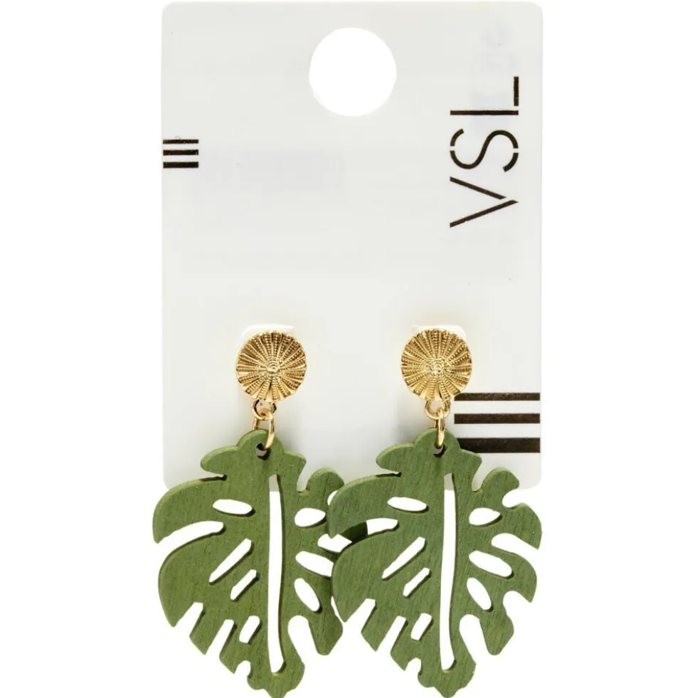 Boucles d'oreilles en bois en forme de feuille verte