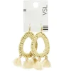 Boucles d'oreilles gouttes boutons 3 pompons embrasses macramé beige