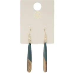 Boucles d'oreilles métal et bois forme goutte longue marron et vert L6cm