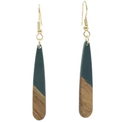 Boucles d'oreilles métal et bois forme goutte longue marron et vert L6cm