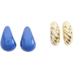 Boucles d'oreilles 2 paires goutte bleu et métal doré L2,5cm