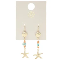 Boucles d'oreilles perles verre bleu et rouge et coquillage inox doré L3,5cm