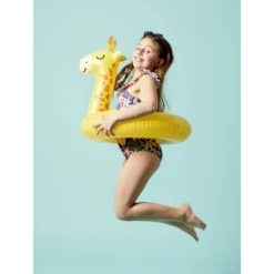 Bouée ronde tête de girafe plastique jaune Ø60cm