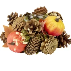 Bougeoir automne déco mini citrouilles feuillage et pommes de pin Ø19xH7,5cm