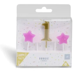 Bougie anniversaire chiffre 1 doré avec bougies étoiles roses
