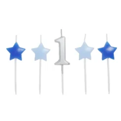 Bougie anniversaire chiffre 1 argenté avec bougies étoiles bleues