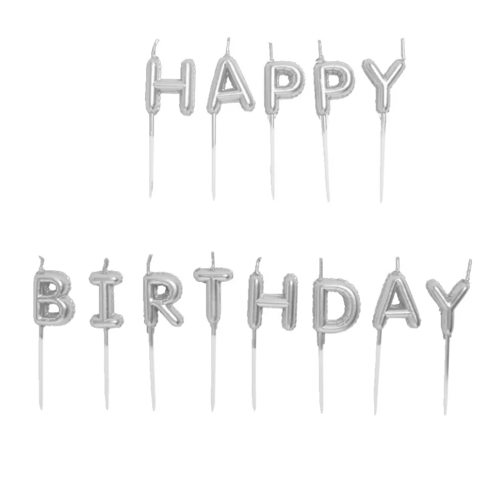 Bougie anniversaire lettres Happy Birthday argenté