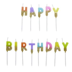 Bougie anniversaire lettres Happy Birthday multicolore et doré