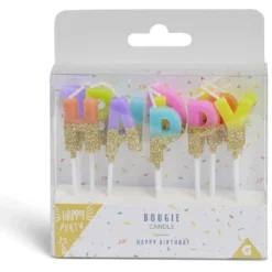 Bougie anniversaire lettres Happy Birthday multicolore et doré