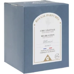 Bougie bleue dans verre senteur monoï Ø7xH8cm