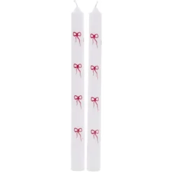 Bougie chandelle x2 blanche motifs noeuds rouges H25cm