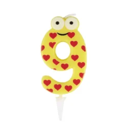 Bougie chiffre 9 cire personnage coeurs jaune et rouge H8,5cm