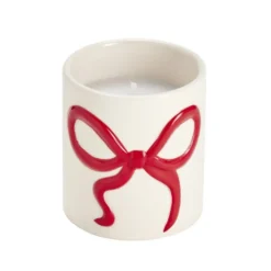 Bougie dans pot céramique blanc motif noeud rouge Ø8xH9cm (2 modèles)