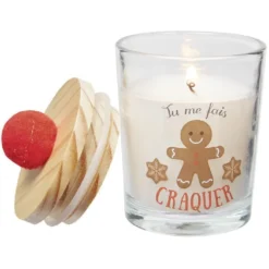 Bougie dans verre avec couvercle en bois à pompon