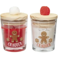 Bougie dans verre avec couvercle en bois à pompon