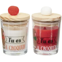 Bougie dans verre avec couvercle en bois à pompon