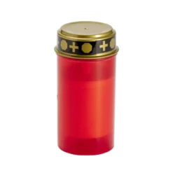 Bougie funéraire solaire plastique rouge et couvercle métal doré Ø7xH12cm