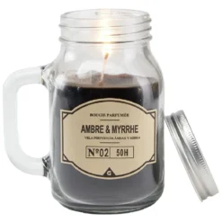 Bougie noire dans mug en verre avec couvercle - Senteur myrrhe ambre
