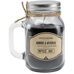 Bougie noire dans mug en verre avec couvercle - Senteur myrrhe ambre