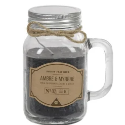 Bougie noire dans mug en verre avec couvercle senteur myrrhe ambre