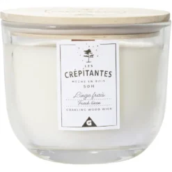 Bougie parfumée blanche Les crépitantes senteur linge frais 50H