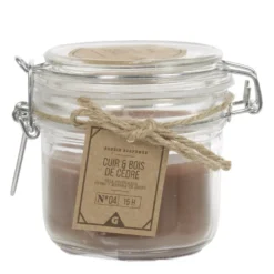 Bougie parfumée dans pot en verre senteur Cuir Bois de cèdre