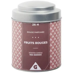 Bougie parfumée dans pot métal gris et rouge senteur fruits rouges 26H