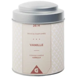 Bougie parfumée dans pot métal gris et ivoire senteur vanille 26H