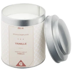 Bougie parfumée dans pot métal gris et ivoire senteur vanille 26H