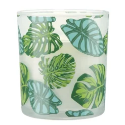 Bougie parfumée dans pot verre feuillage phosphorescent Ø8,5xH10cm (3modèles)