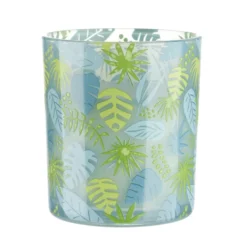 Bougie parfumée dans pot verre feuillage phosphorescent Ø8,5xH10cm (3modèles)