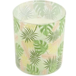 Bougie parfumée dans pot verre feuillage phosphorescent Ø8,5xH10cm (3modèles)