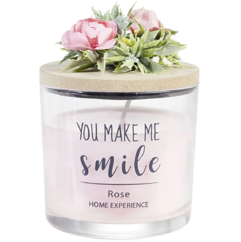 Bougie parfumée dans verre couvercle bois fleur message Ø8xH11cm