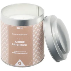 Bougie parfumée pot métal gris et moutarde senteur ambre patchouli 26H
