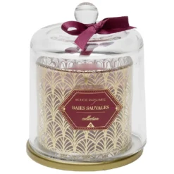 Bougie parfumée rouge sous cloche transparent doré