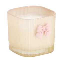 Bougie pot en verre strié avec noeud décoratif 7x7xH6,5cm (2 modèles blanc ou rose)