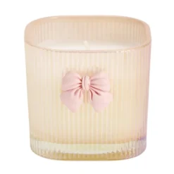 Bougie pot en verre strié avec noeud décoratif 7x7xH6,5cm (2 modèles blanc ou rose)
