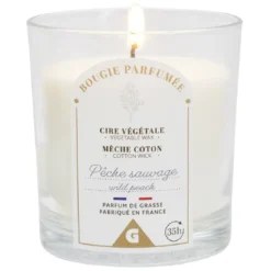 Bougie violette dans verre senteur pêche Ø7xH8cm
